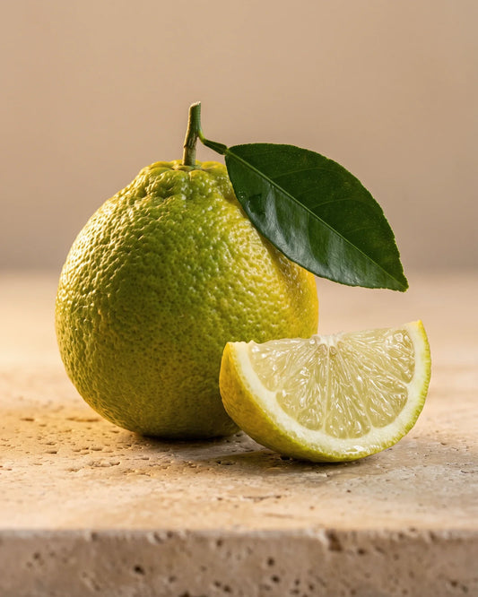 Bergamote entière avec sa feuille, à côté d’un quartier juteux, sur travertin chaud : la senteur hespéridée, lumineuse et florale de l’huile essentielle pure de bergamote Delune