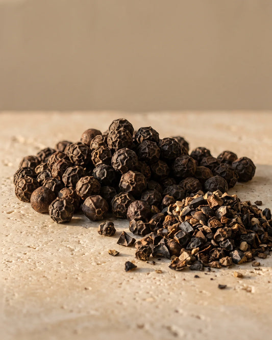 Grains de poivre noir entiers et concassés dans une lumière rasante chaude : la senteur vive, chaude et épicée de l’huile essentielle pure de poivre noir Delune