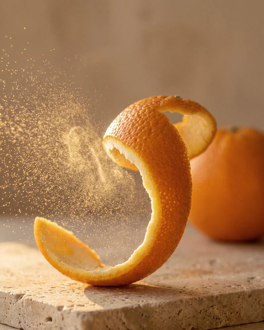 Écorce d’orange fraîche tordue libérant une fine brume dorée de zeste dans un contre-jour chaud : la senteur douce et ensoleillée de l’huile essentielle pure d’orange douce Delune