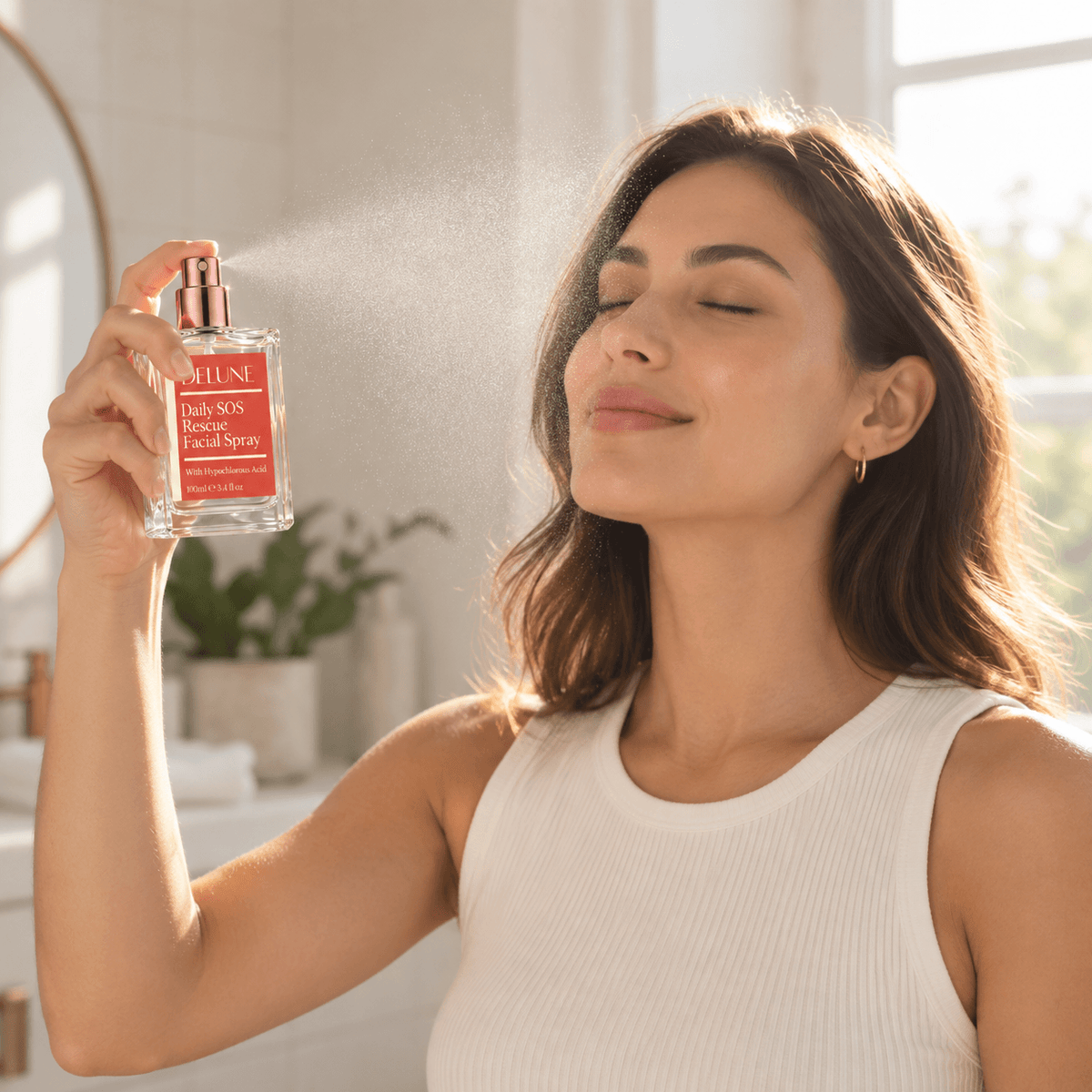 Femme vaporisant la brume pour le visage Delune Daily SOS Rescue à l'acide hypochloreux