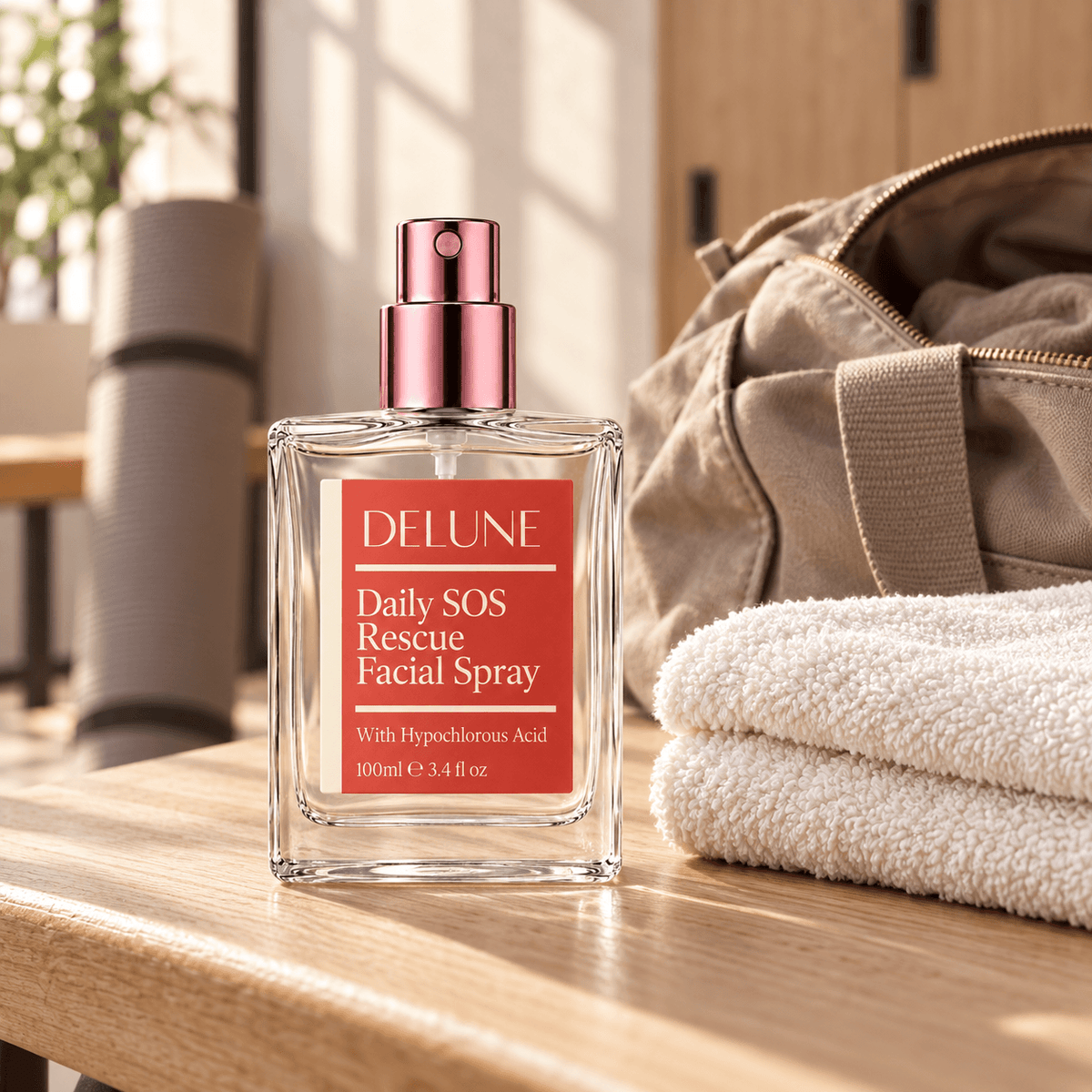 Brume pour le visage Delune Daily SOS Rescue sur une tablette de salle de bain ensoleillée