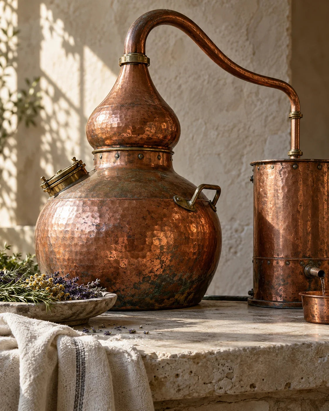 Alambic en cuivre servant à la distillation à la vapeur des huiles essentielles