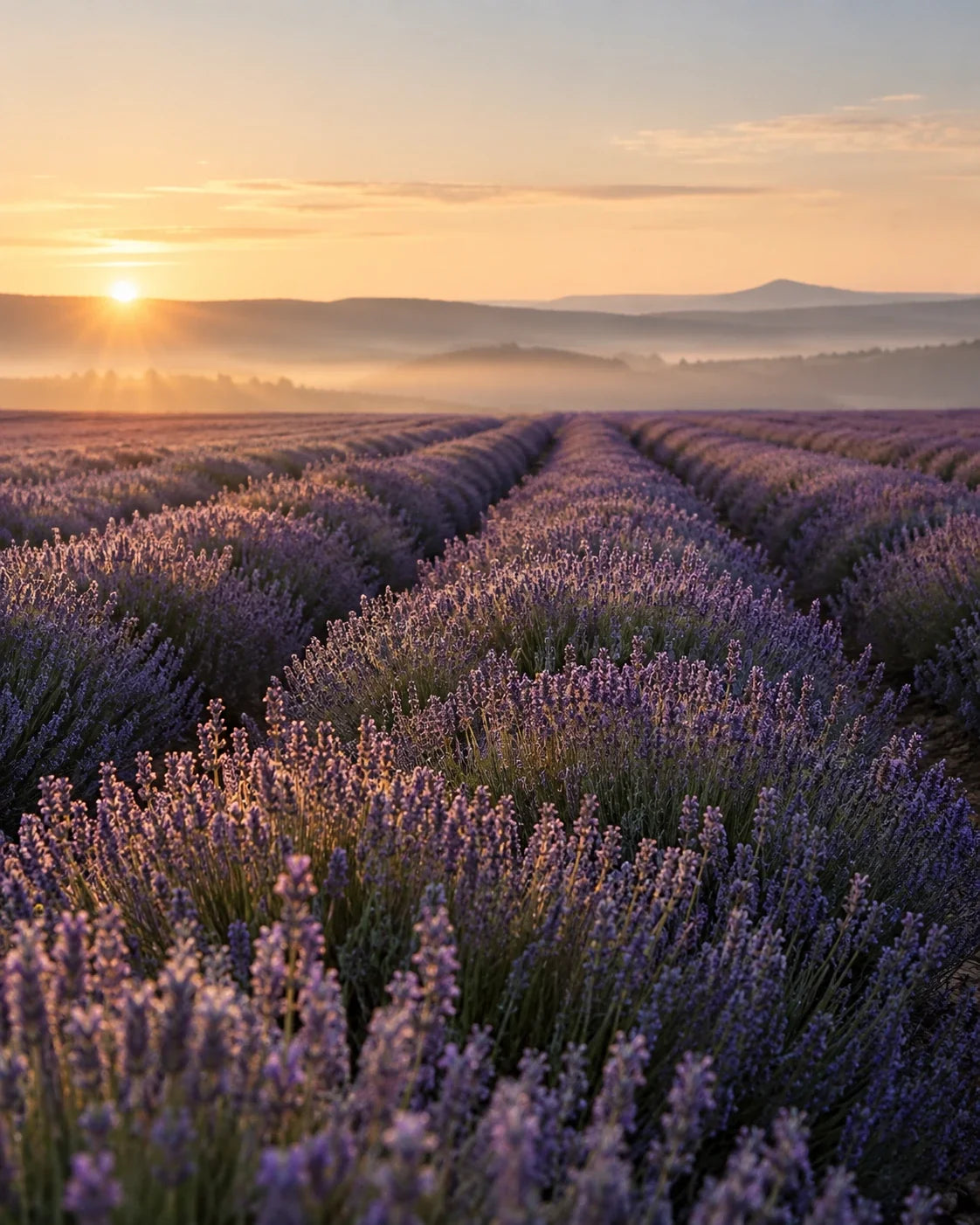 Champ de lavande au lever du soleil, là où commencent les huiles essentielles biologiques Delune