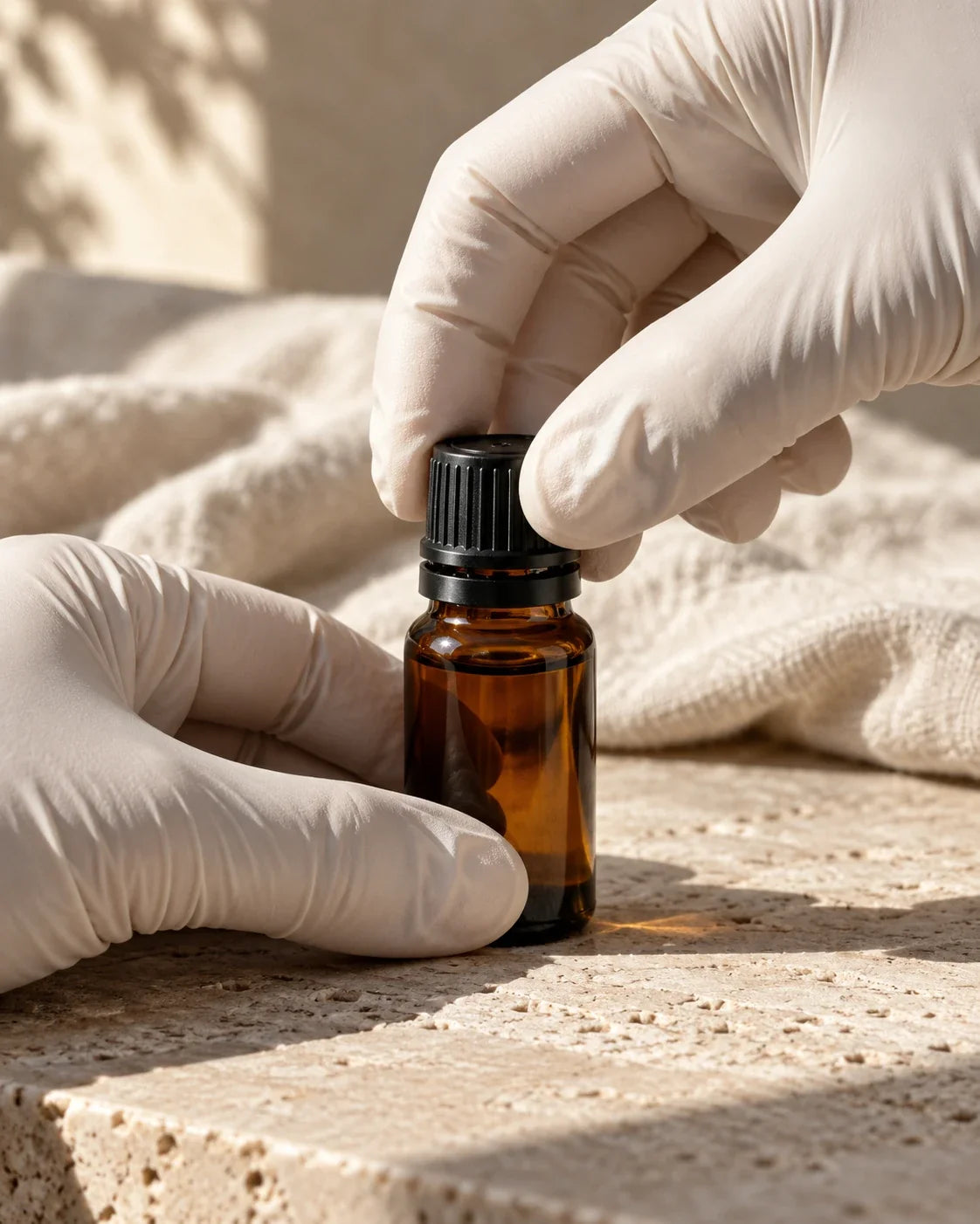 Mains gantées scellant un flacon d’huile essentielle biologique Delune