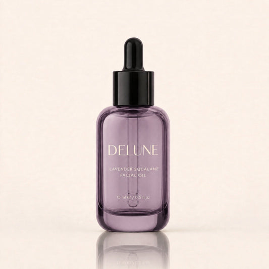 Delune Lavender Squalane Facial Oil 15ml in lilac glass bottle