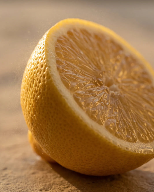 Gros plan sur un citron fraîchement coupé, sa chair juteuse lumineuse sous un soleil bas et chaud, sur travertin ivoire : la senteur fraîche et lumineuse de l’huile essentielle pure de citron Delune