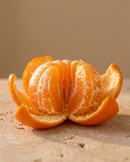 Mandarine fraîchement pelée aux quartiers lumineux dans une lumière chaude : la senteur hespéridée, douce et juteuse de l’huile essentielle pure de mandarine Delune
