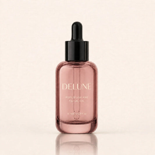 Delune Rose Squalane Facial Oil 15ml in blush glass bottle