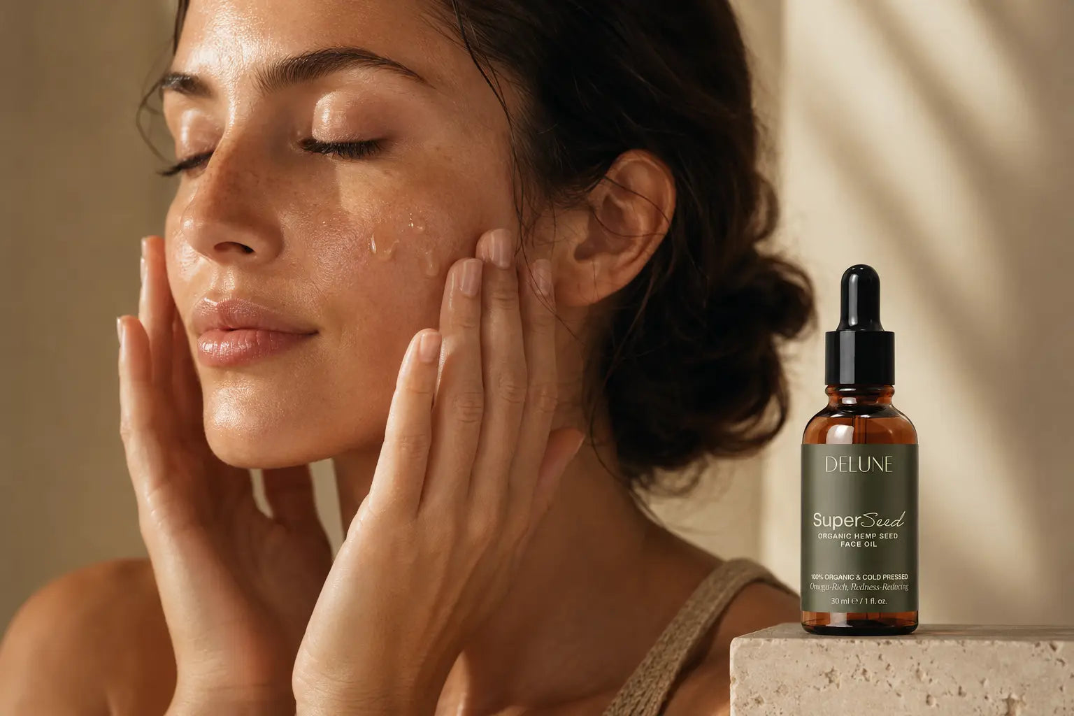 Hemp seed face oil pressed into skin