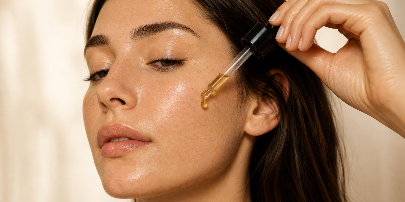 Woman applying golden facial oil with a glass dropper