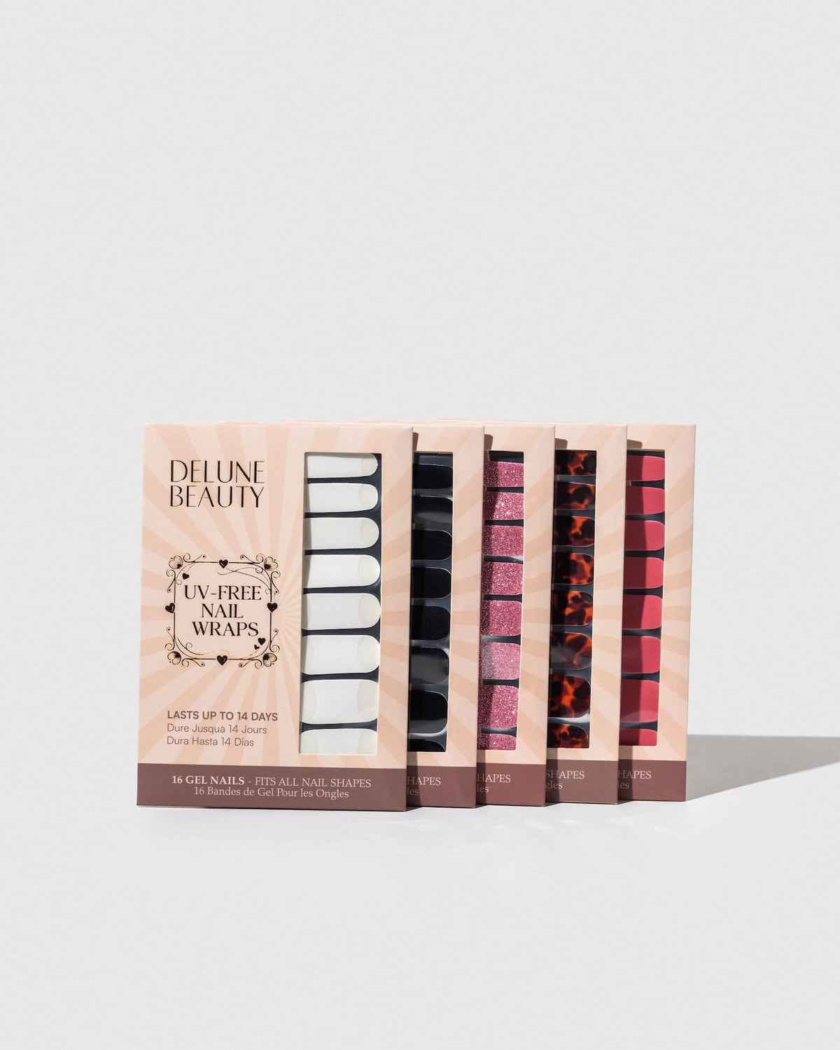 Tortoiseshell (Non-UV Nail Wraps): row of Delune Beauty UV-free nail wrap packs standing upright